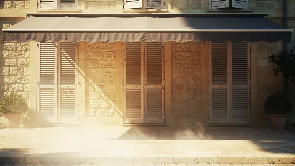 Façade d'une maison française avec volets fermés et store déployé sous un soleil de canicule, créant une ombre fraîche protectrice