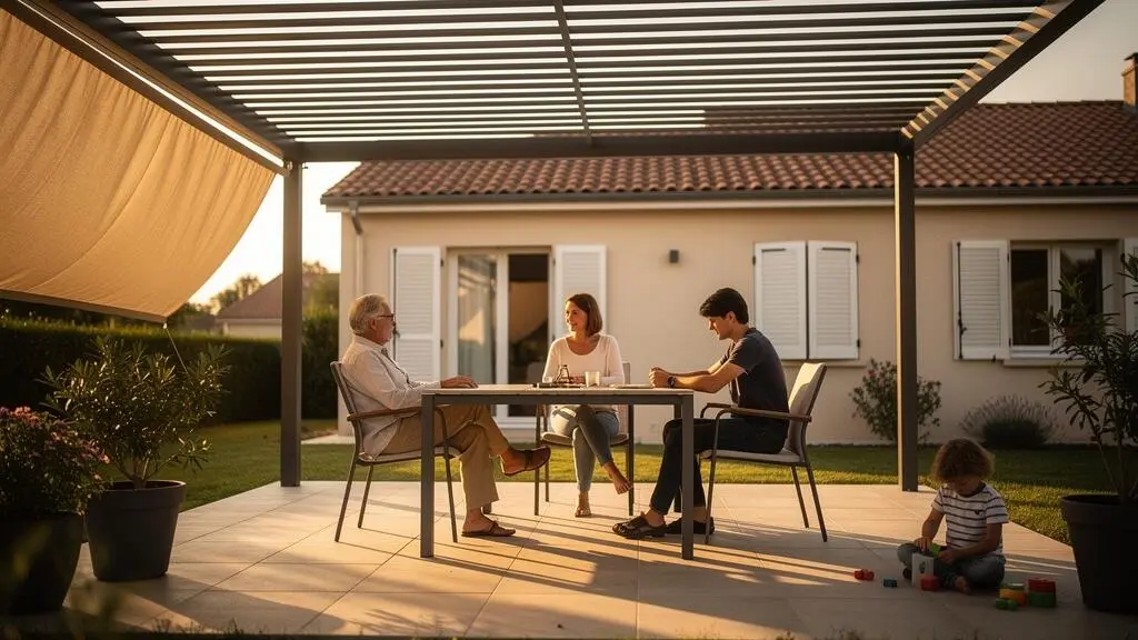 Famille française réunie sur une terrasse d'été, profitant de zones d'ombre et de soleil réparties harmonieusement