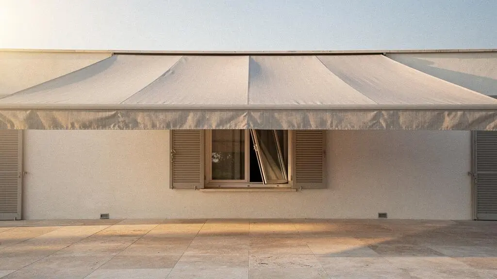 Facade d'une maison francaise avec un store banne deploye creant une zone d'ombre, illustrant la ventilation naturelle et la reduction de la climatisation
