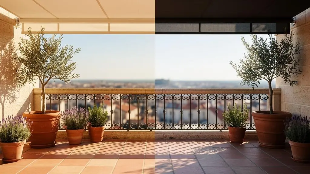 Terrasse française avec un store banne mi-ouvert illustrant le passage entre la lumière douce du printemps et l'ombre protectrice de l'été