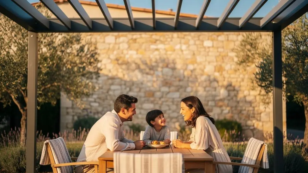 Famille profitant d'une terrasse abritée par une pergola bioclimatique aux lames orientables en aluminium, dans un jardin français