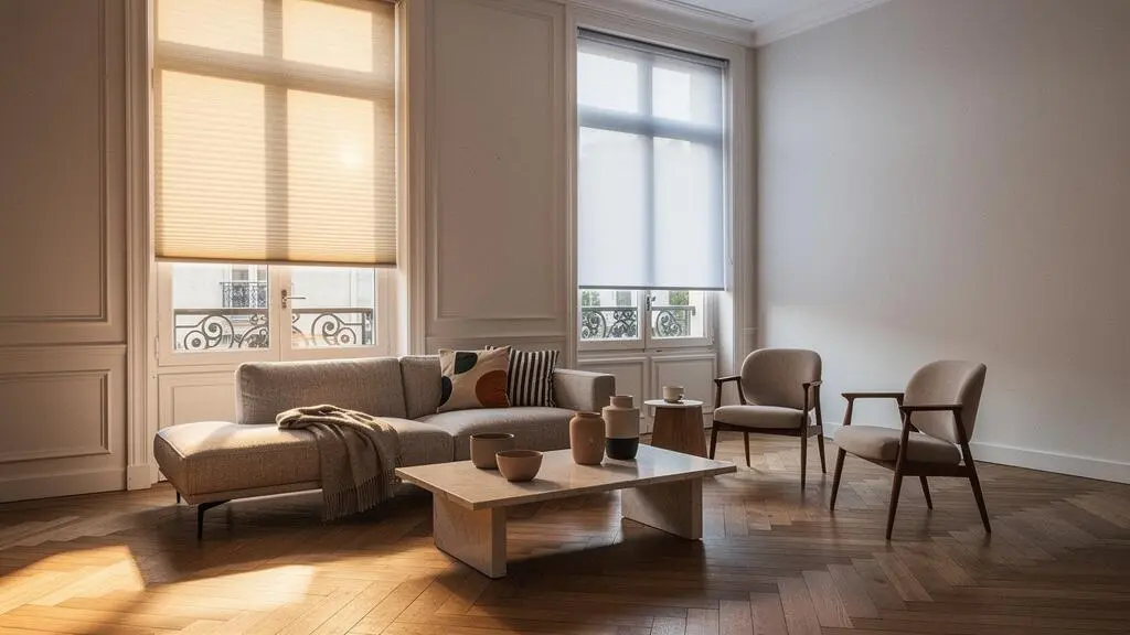 Salon parisien baigné d'une lumière naturelle modulée par des stores, illustrant les différents moments de la journée