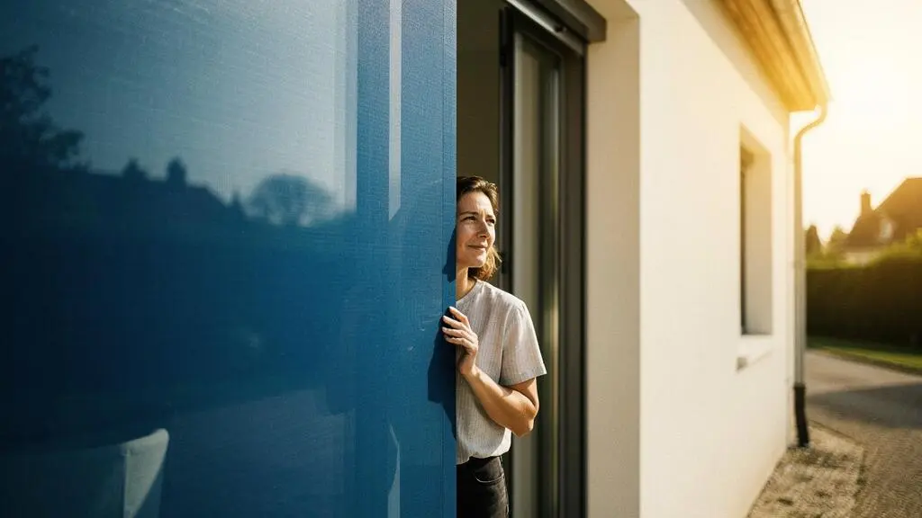 Facade d'une maison francaise avec un store vertical exterieur baissé creant une zone d'ombre fraiche face a un soleil intense