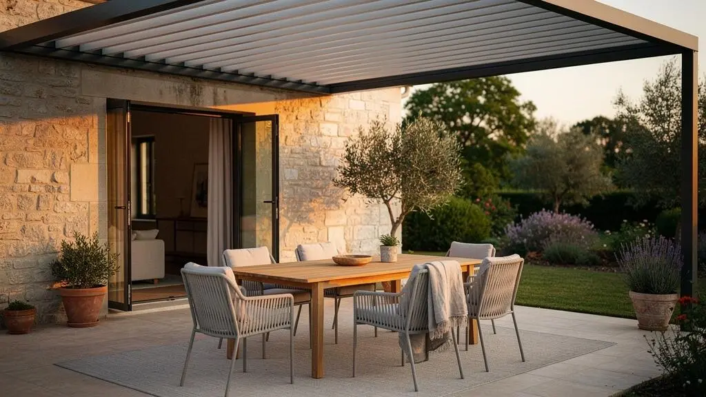 Terrasse française aménagée en pièce de vie extérieure avec pergola et mobilier confortable au coucher du soleil