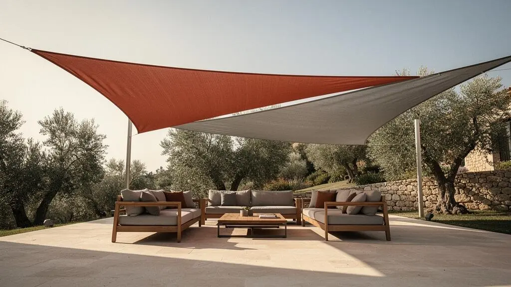 Terrasse contemporaine française avec un voile d'ombrage sculptural tendu entre plusieurs points d'ancrage au coucher du soleil