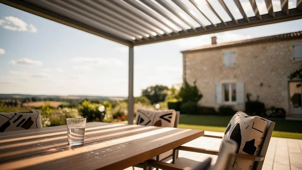 Terrasse française abritée par une pergola à lames orientables en aluminium, mi-ombre mi-soleil, mobilier de jardin contemporain