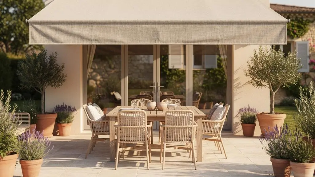 Terrasse française baignée de lumière douce, ombragée par un store banne déployé, aménagée comme une véritable pièce de vie extérieure
