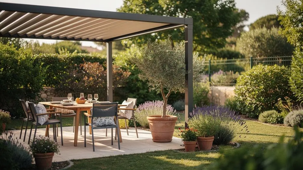 Zone ombragee de 20 m2 amenagee avec pergola et salon de jardin sur une terrasse francaise en ete