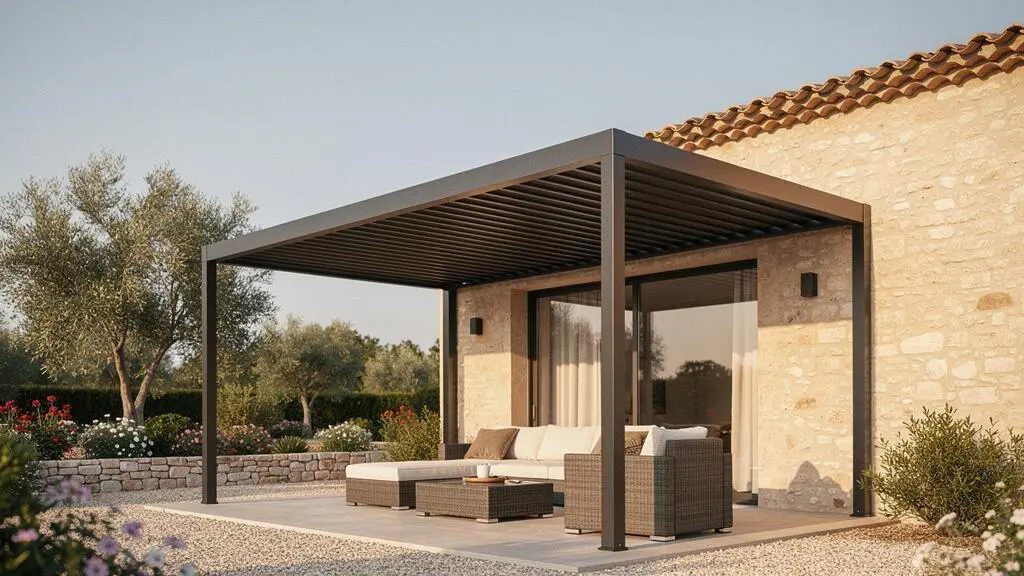 Terrasse contemporaine avec pergola bioclimatique aux lignes epurees integree a une architecture francaise moderne, en fin de journee