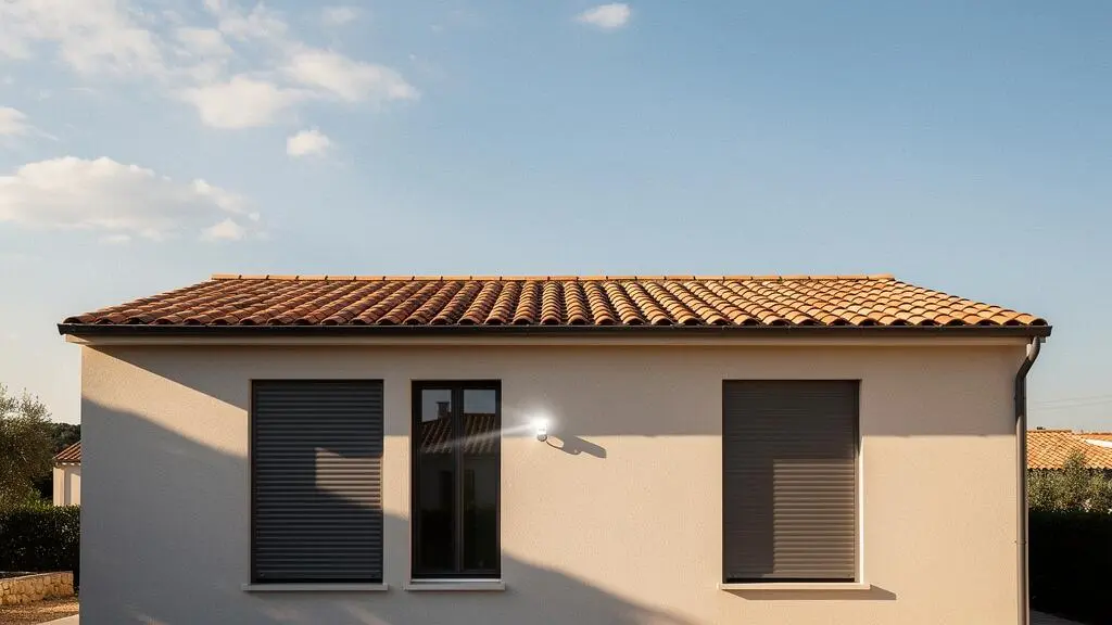 Petit capteur solaire fixe sur la façade d'une maison française, symbolisant l'économie de climatisation grâce à la fermeture automatique des volets