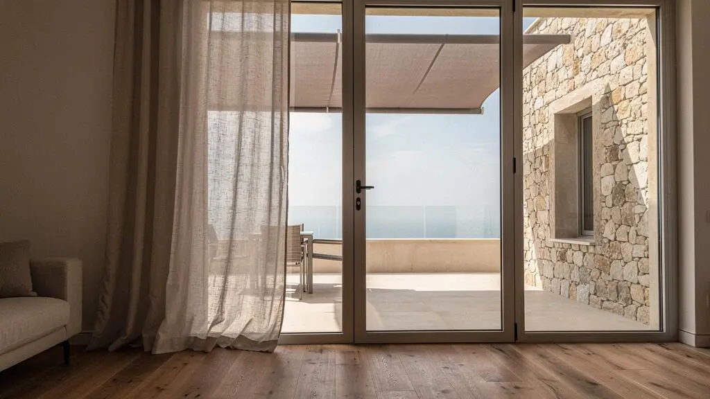 Vue depuis un salon lumineux à la française vers une terrasse ombragée par un store, illustrant la continuité entre intérieur et extérieur