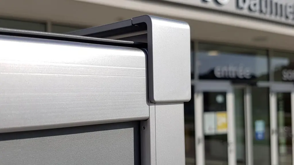 Gros plan sur le coffre en aluminium d'un store double pente avec finition contemporaine, détail des fixations murales visibles en arrière-plan flouté
