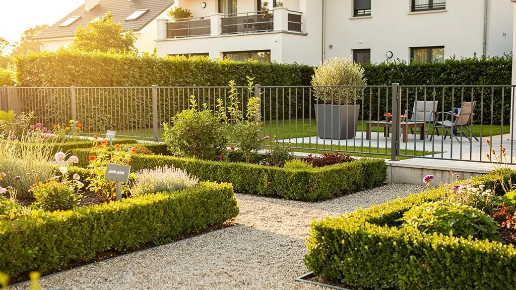 Un jardin contemporain français avec clôture en aluminium anthracite à lames horizontales ajourées, végétation méditerranéenne en arrière-plan et maison moderne sous lumière naturelle de fin de journée