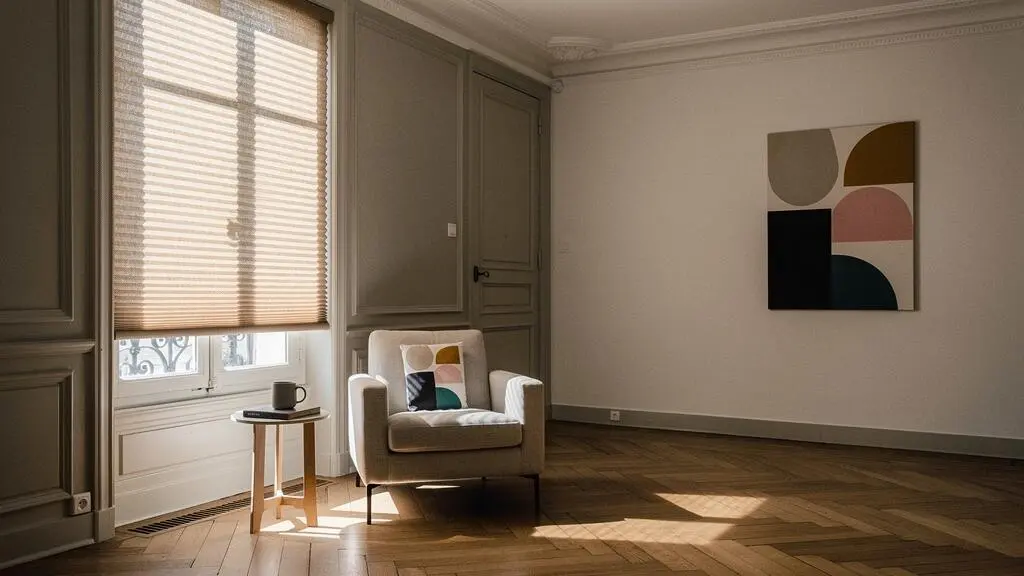 Salon lumineux d'un appartement parisien avec stores mi-ouverts filtrant la lumière de midi sur un espace de vie épuré