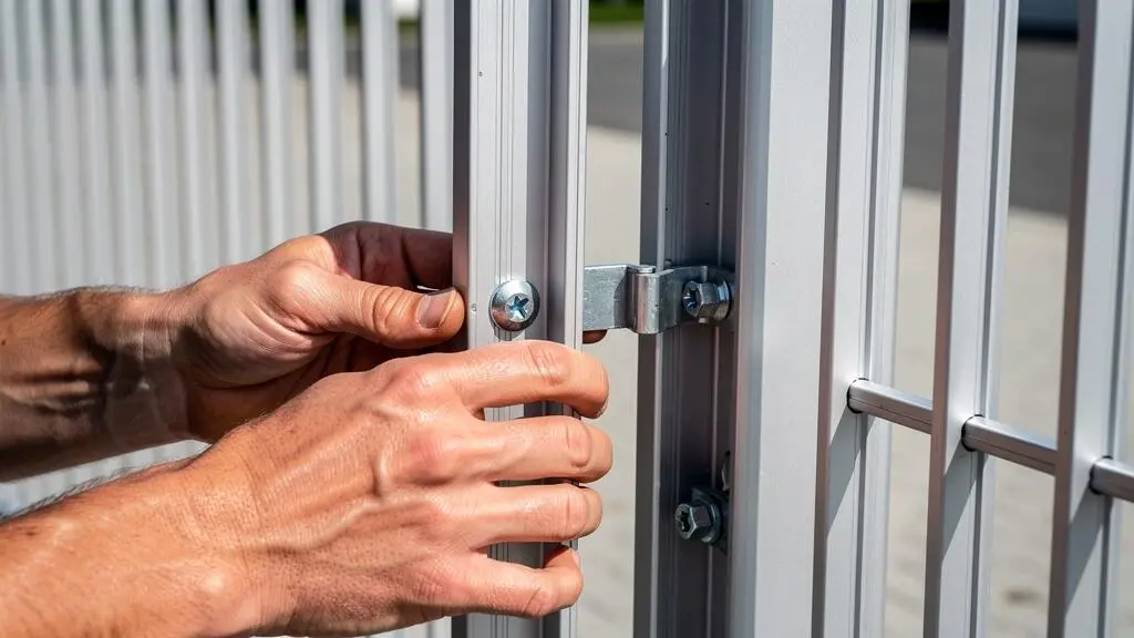 Gros plan sur un système de montage par rainures de clôture aluminium avec des mains gantées insérant une lame dans un poteau, surface thermolaquée gris anthracite et arrière-plan flouté