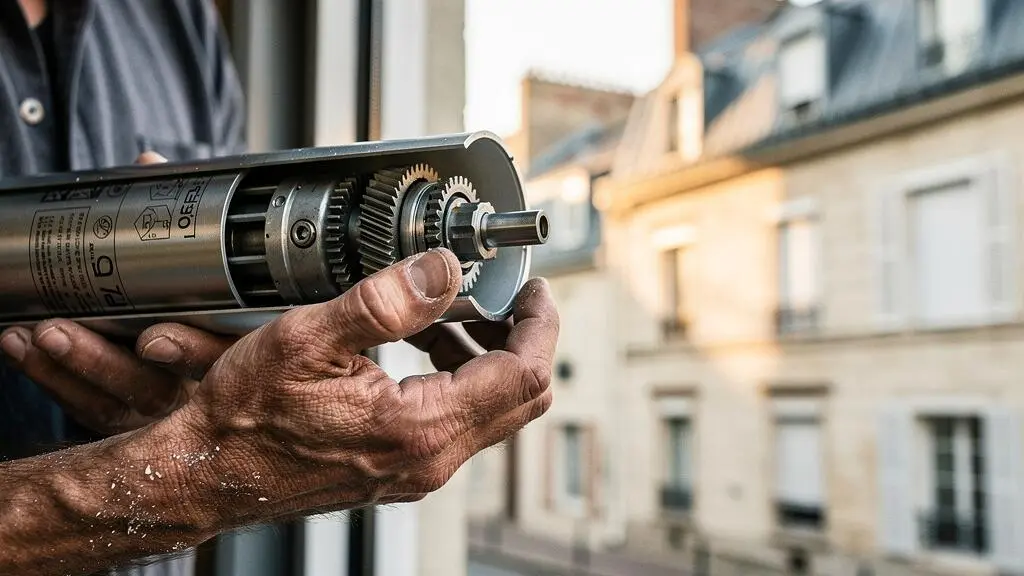 Gros plan sur les mains d'un artisan inspectant un moteur tubulaire de store dans un coffre en aluminium, devant une façade française typique