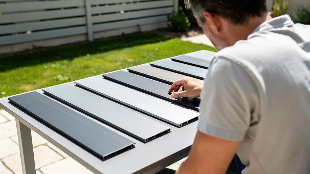 Vue par-dessus l'épaule d'une personne de dos examinant trois échantillons de lames de clôture aluminium en différents coloris posés sur une table extérieure avec jardin contemporain flouté en arrière-plan
