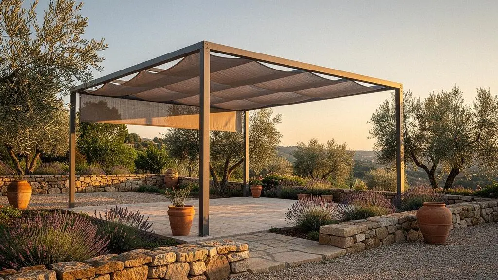 Pergola avec toile taupe grisé qui se fond discrètement dans un jardin méditerranéen français planté d'oliviers et de lavande
