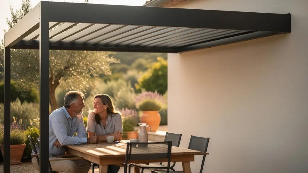 Terrasse française moderne équipée d'une pergola en aluminium gris anthracite offrant une ombre douce et confortable en été