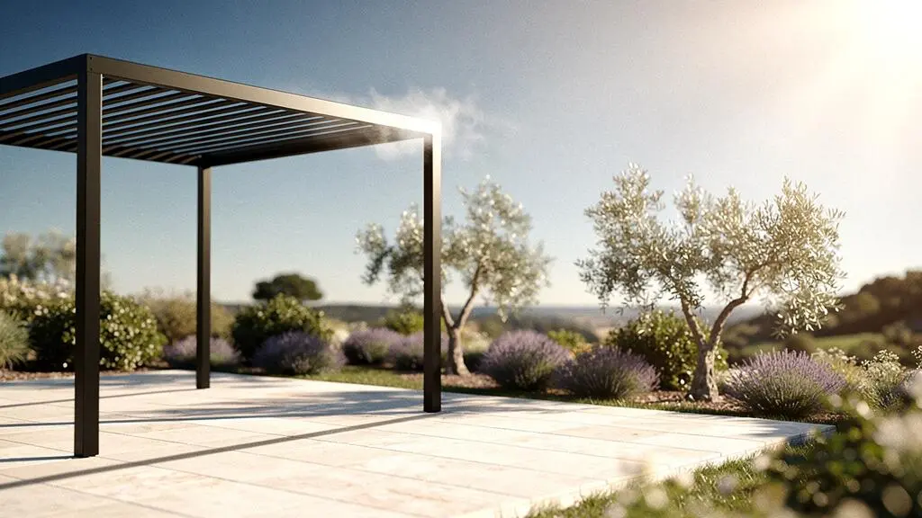 Pergola aluminium noir mat sur une terrasse française baignée de soleil, illustrant l'équilibre entre esthétique sombre et confort thermique