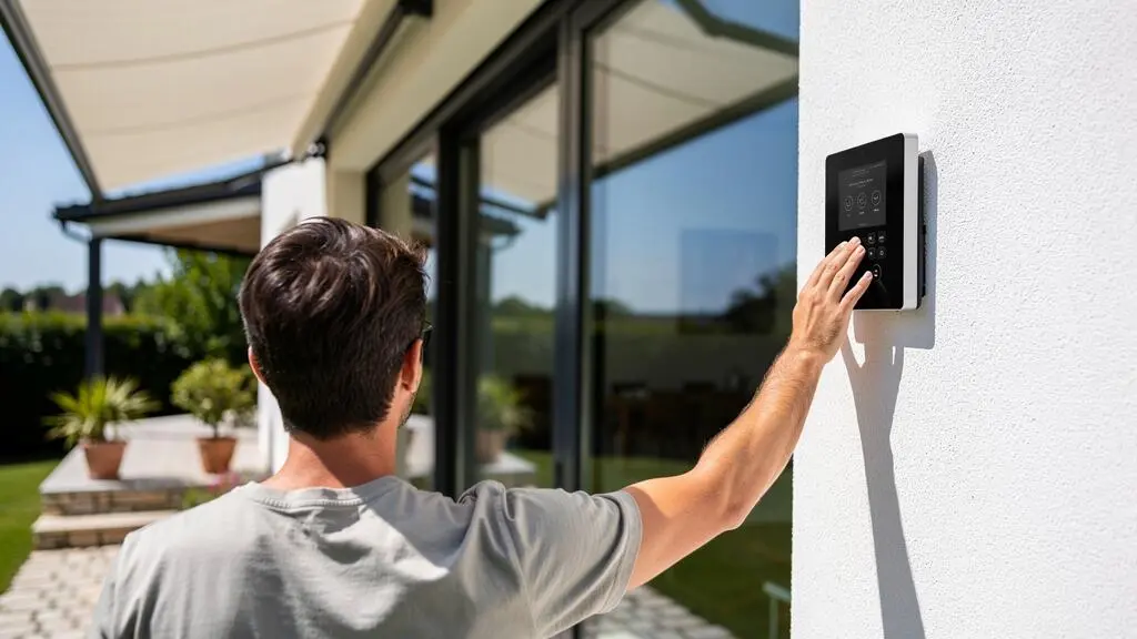 Vue de dos d'une personne ajustant la commande murale d'un store banne motorisé sur une façade de maison contemporaine française