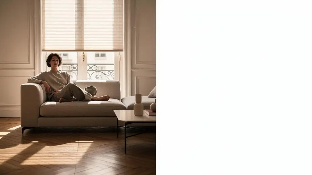 Personne détendue sur un canapé dans un appartement parisien avec des stores motorisés partiellement fermés laissant passer une lumière douce