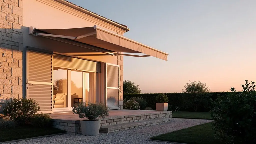 Terrasse d'une maison française avec store banne et volets pilotés automatiquement au lever du jour