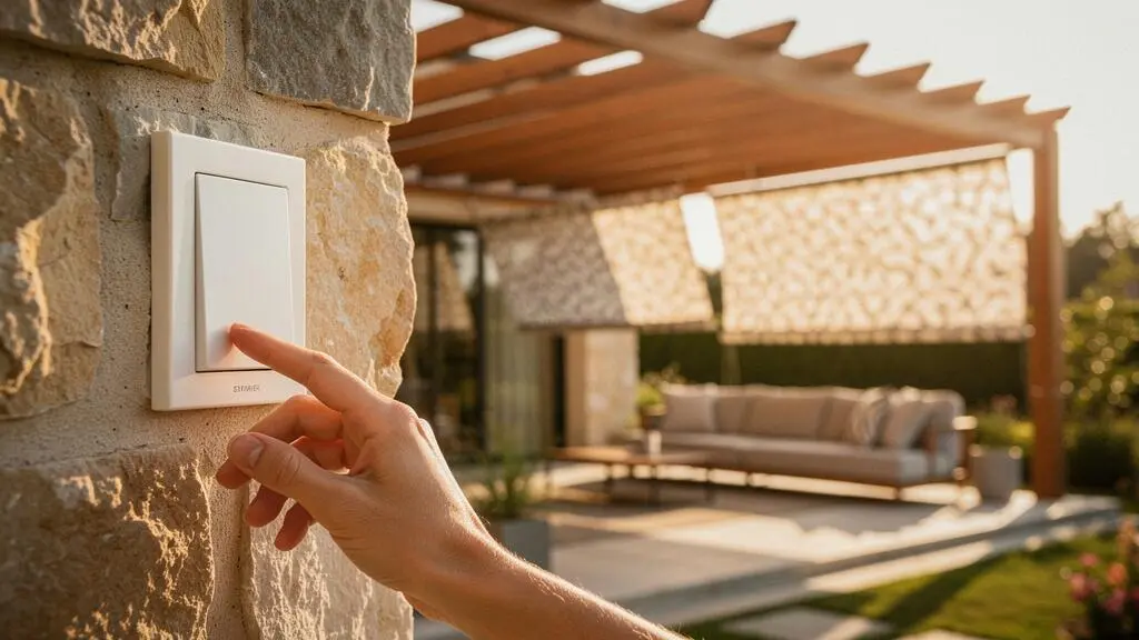 Main effleurant un interrupteur mural minimaliste pendant que les stores et la pergola d'une terrasse française s'ouvrent simultanément au soleil couchant