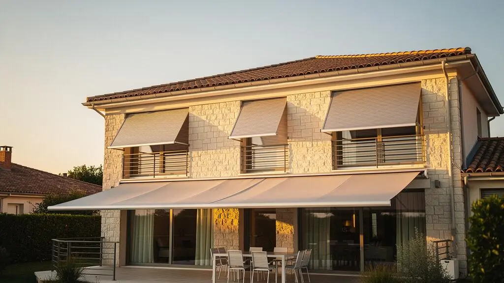 Facade d'une maison francaise au lever du soleil avec volets et store banne qui s'activent automatiquement