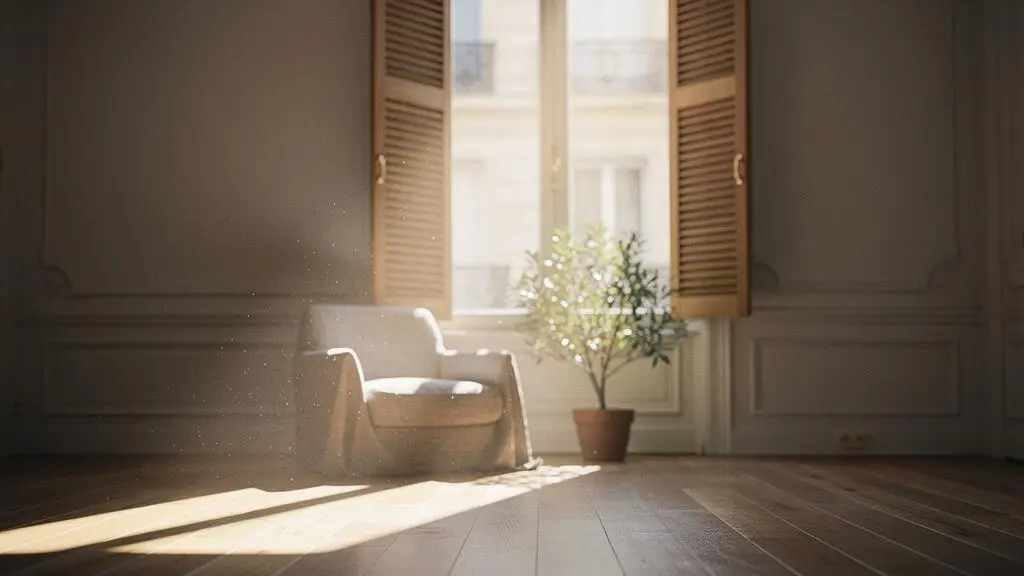 Rayons de soleil bas d'hiver traversant une grande fenêtre et réchauffant le parquet d'un salon français