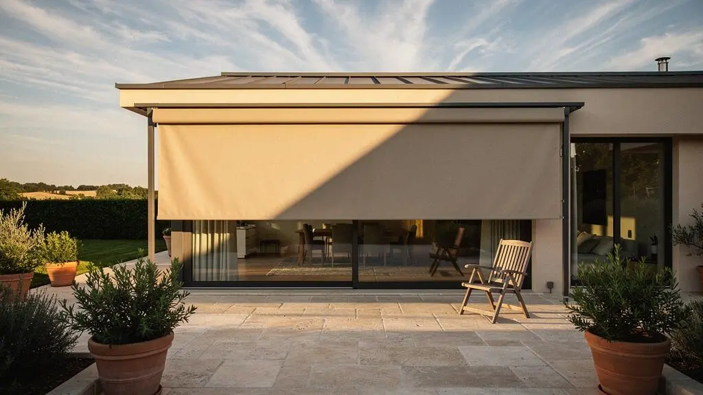 Baie vitree contemporaine d'une maison francaise protegee par un store exterieur qui bloque la chaleur du soleil d'ete