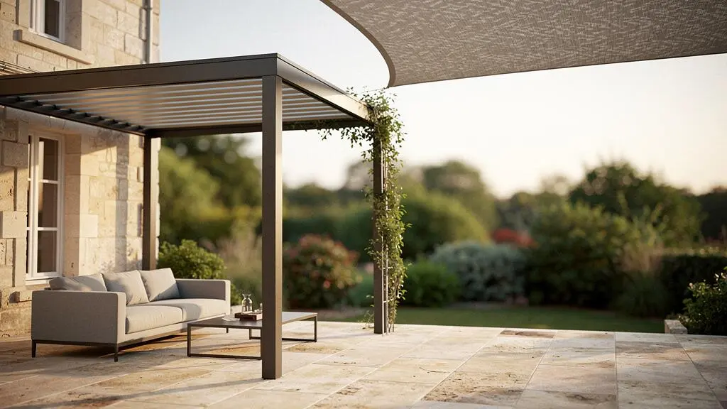 Terrasse contemporaine avec pergola aluminium et voile d'ombrage valorisant une maison française