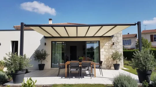 Terrasse contemporaine d'une maison française avec store banne déployé créant une zone d'ombre sur une journée ensoleillée d'été
