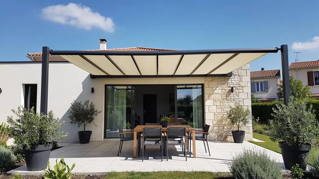 Terrasse contemporaine d'une maison française avec store banne déployé créant une zone d'ombre sur une journée ensoleillée d'été